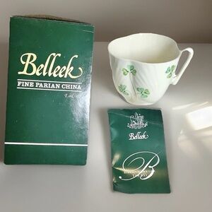 Belleek TeaCup Ireland Millenium 10th Green Shamrock Clover Harp Handle tea  NIB